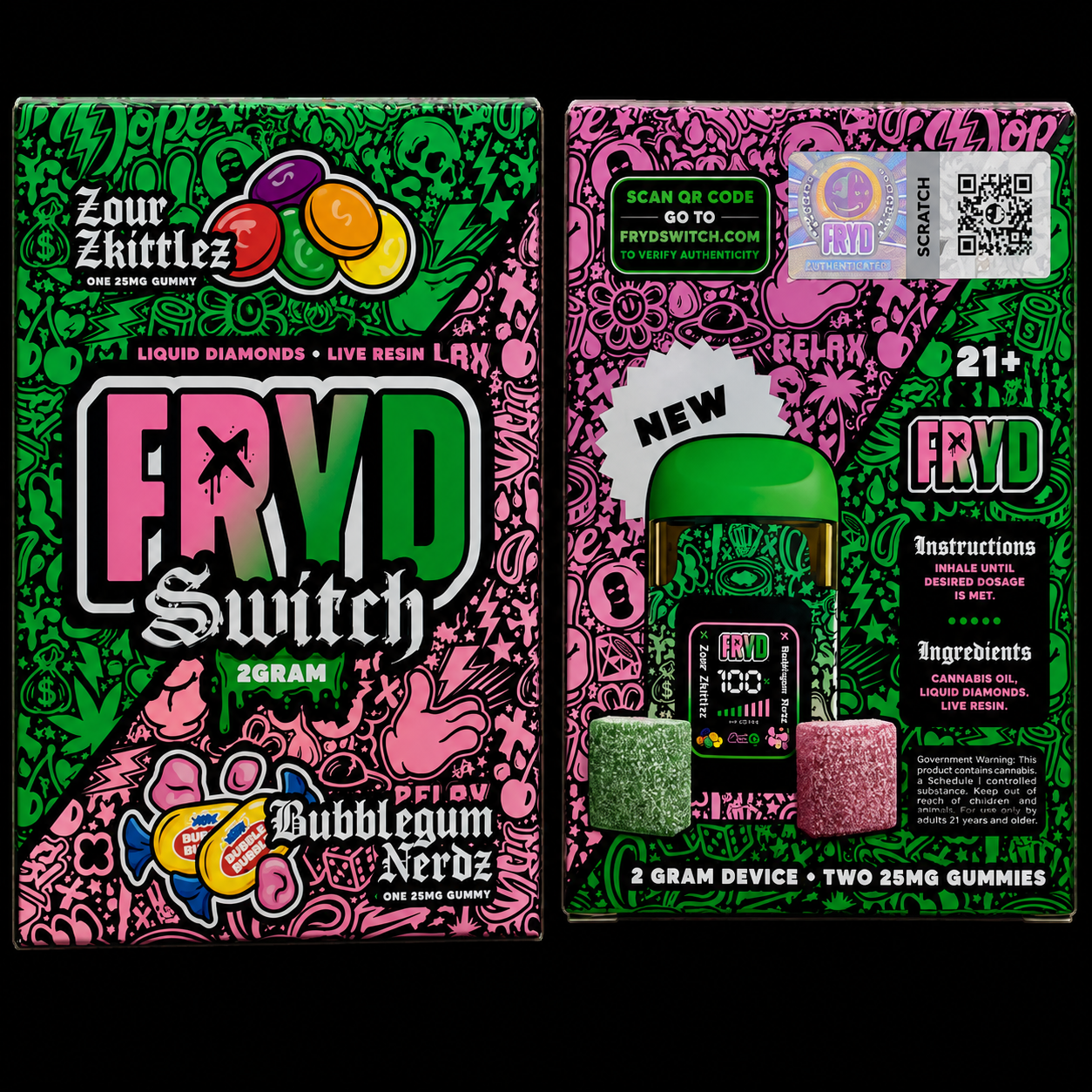 FRYD SWITCH 2G DISPOSABLE GUMMIES ZOUR ZKITTLEZ x BUBBLEGUM NERDZ